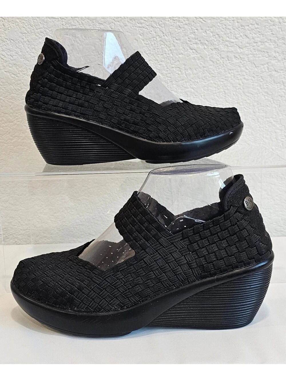 Bernie Mev Women's Black Woven Mary Jane Wedge Shoes Size 37, US 6-6.5